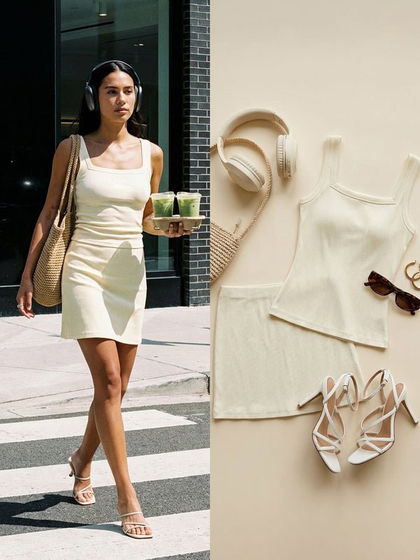 OGLmove 2Pcs Set Square Open-Back Bra Tank & A-line Mini Skirt with Built-in Shorts