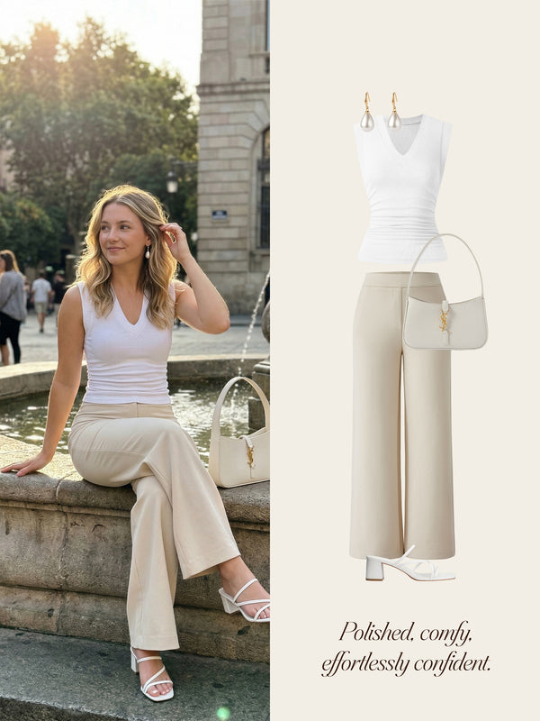 OGLmove 2Pcs Set V-neck Bra Top & Mid Rise Straight Pant with Pockets