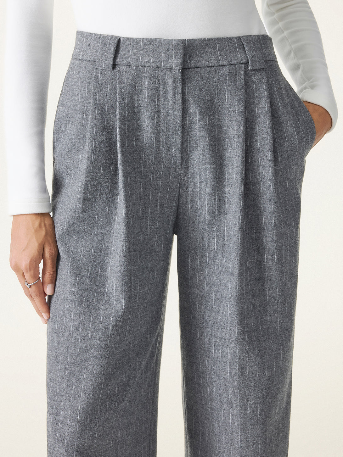 Stretch Striped Mid Rise Wide Leg Trousers with Pockets
