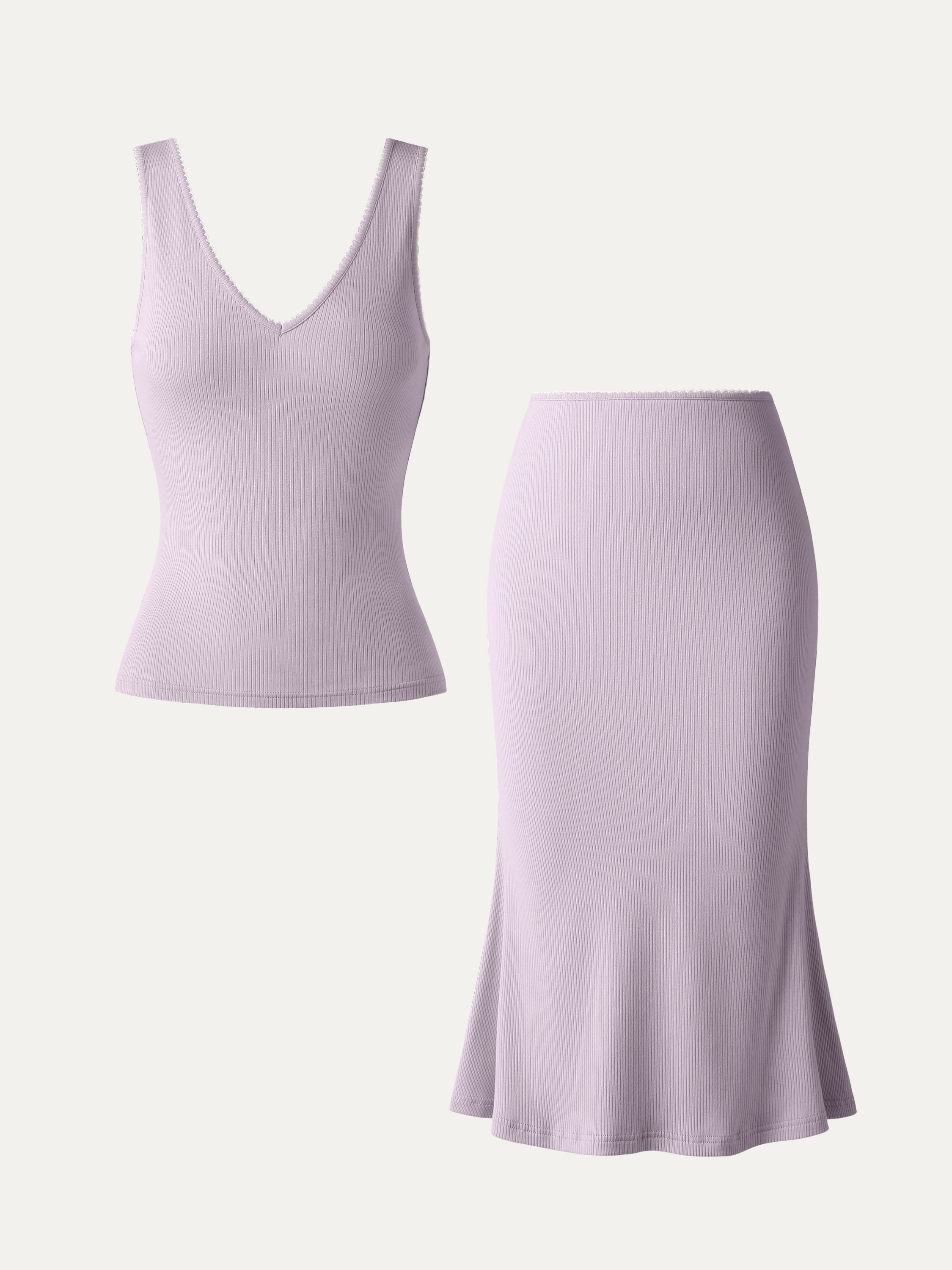 Plantive® V-Neck Trimming Tank & Mermaid Trimming Skirt 2Pcs Set - Sage Mist