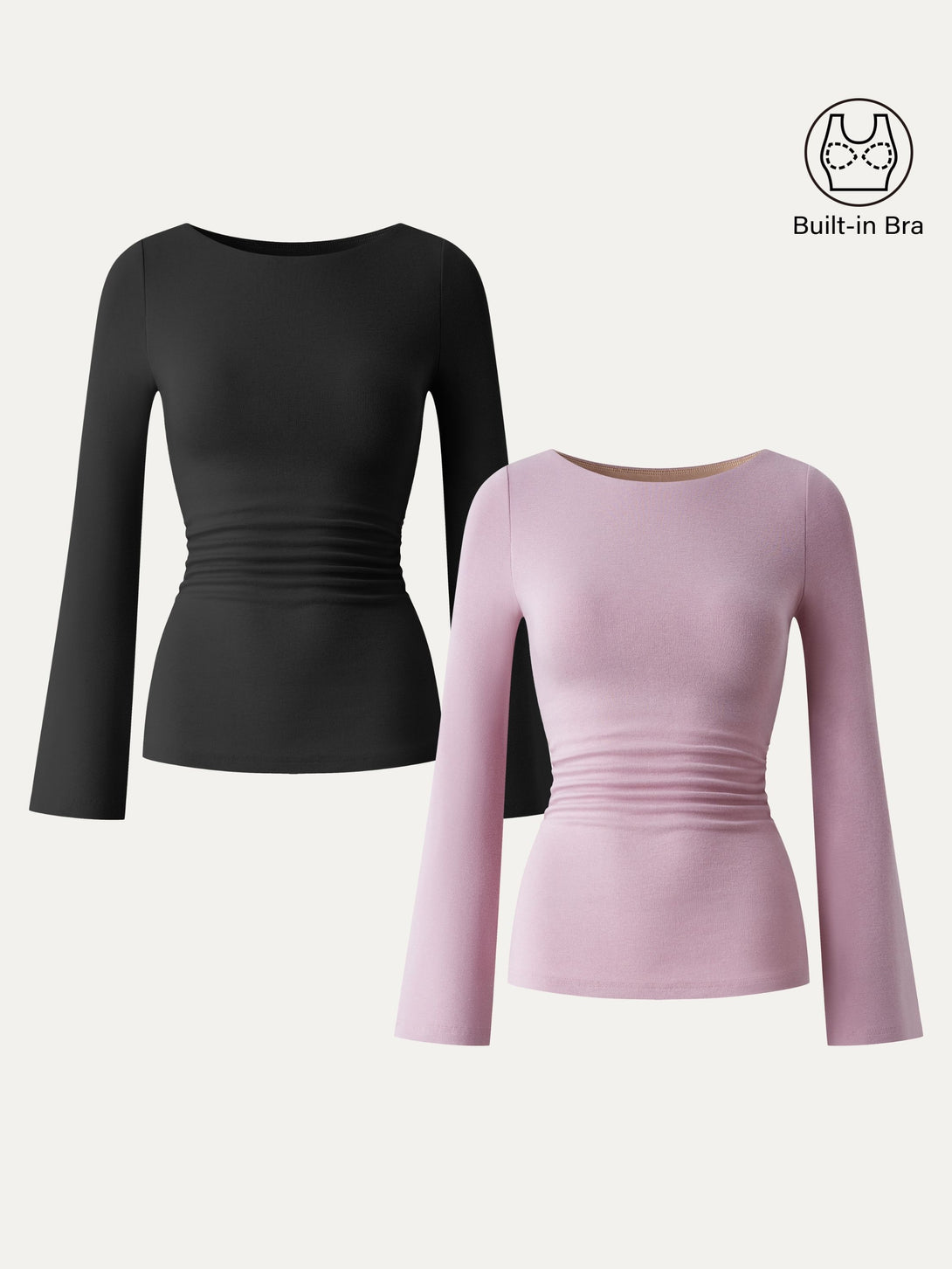 Boatneck Bell Sleeves Ruched Brami Top Black/Opera Mauve XS