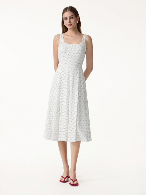 OGLmove Stretch Cotton Polka Dot Square Neck Midi Bra Dress with Pockets Limited Edition