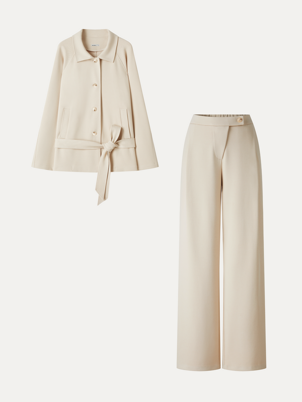 OGLmove 2Pcs Set Notched Collar Long Sleeve Belted Jacket & Mid-Rise Wide-Leg Pants with Pockets