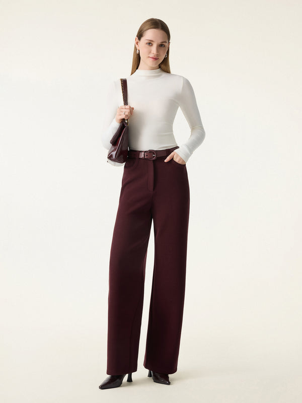 FuzzLuxe Mid Rise Straight Leg Pants with Pockets Regular Ruby