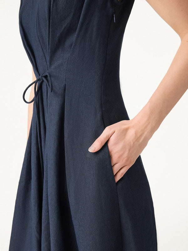 Viscose-Linen Collared V-neck Midi Dress with Drawstring