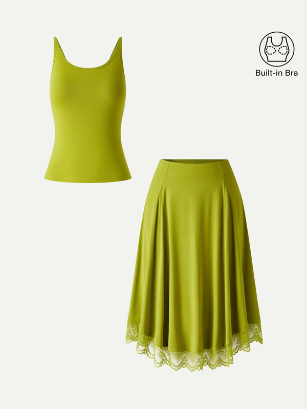 OGLmove 2Pcs Set Scoop Neck Bra Top & Lace Trim Midi Circle Flare Skirt