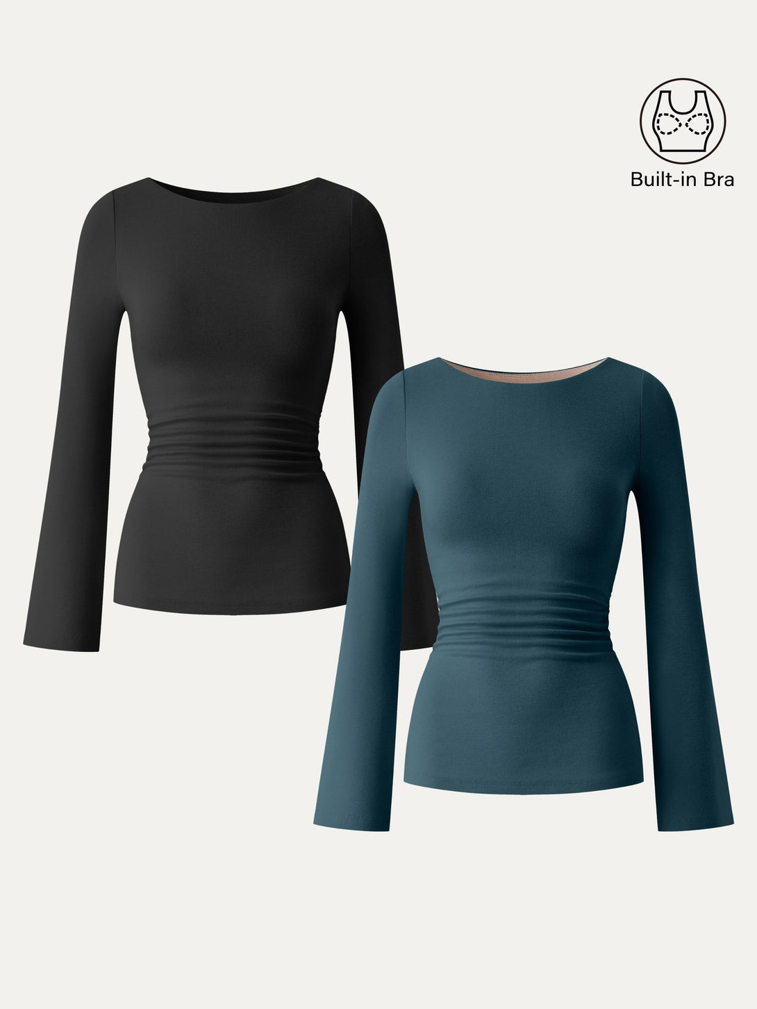 Boatneck Bell Sleeves Ruched Brami Top Black/Forest Night XS