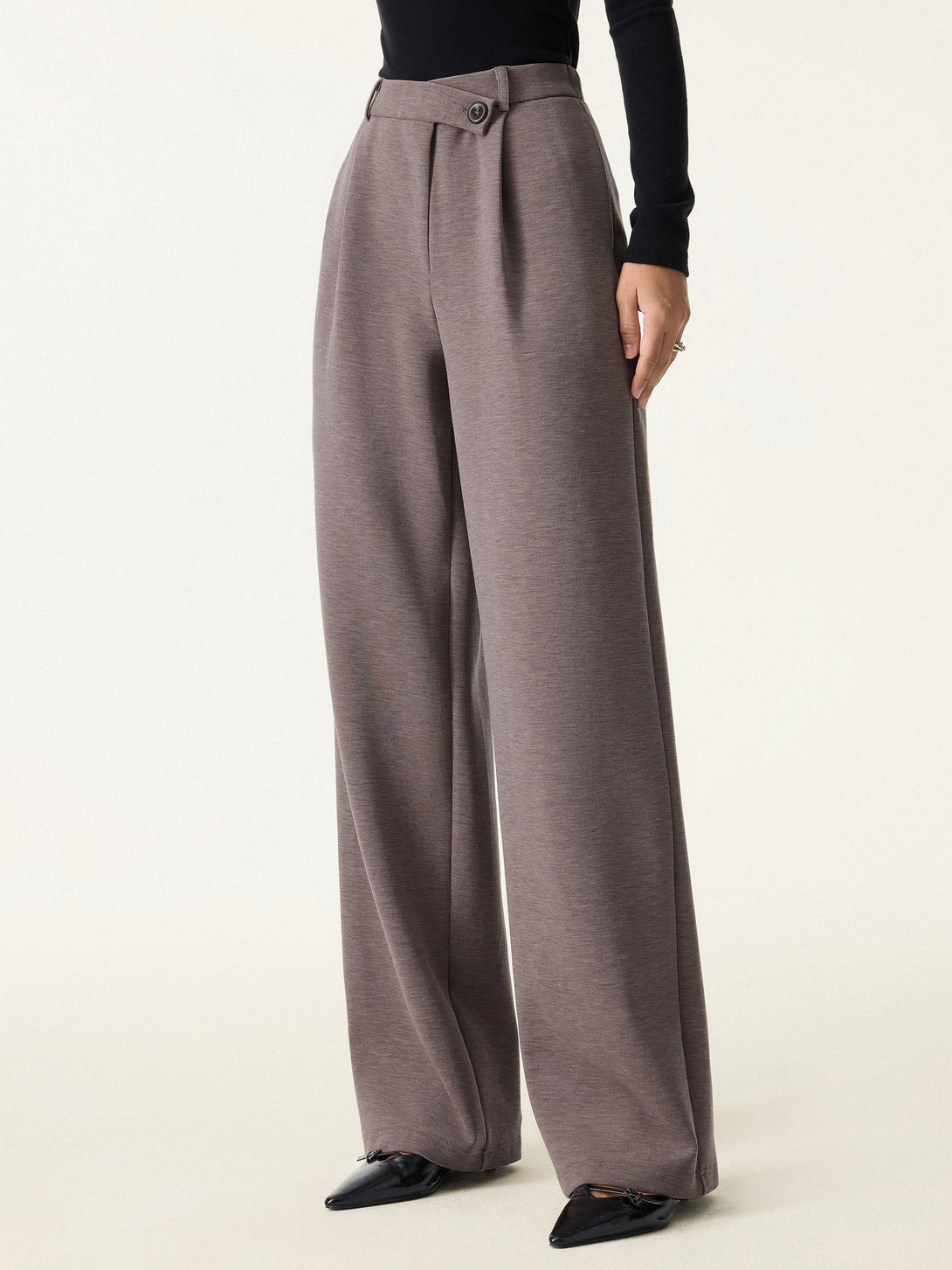 Cozy Warm High Rise Slanted Fly Front Wide Leg Pants