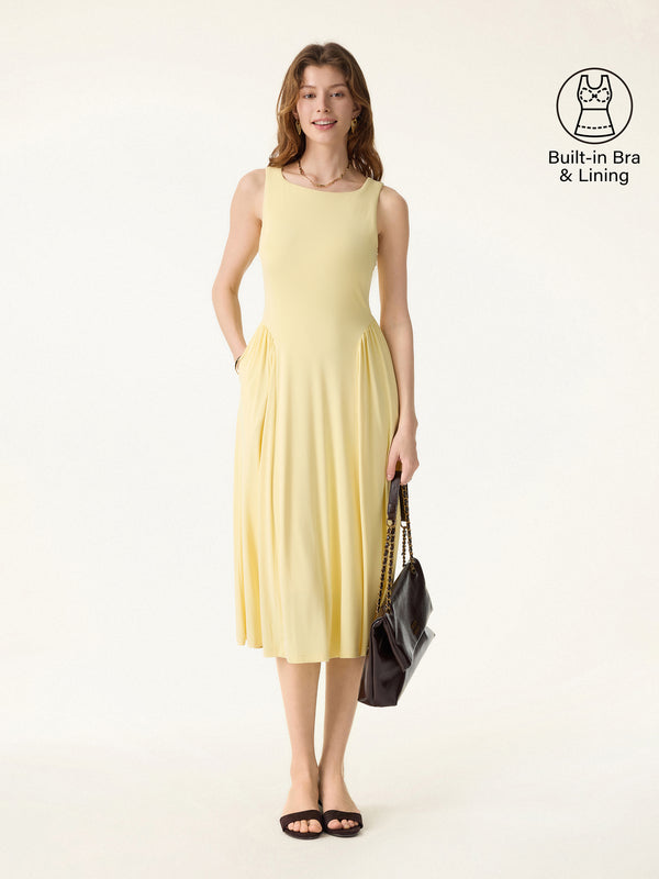OGLmove SkinKiss Ruched Fit-and-Flare Midi Bra Dress with Pockets Butter Yellow XS