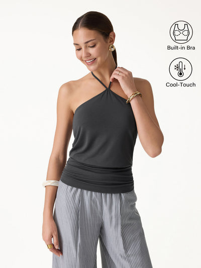 OGLmove Halter Ruched Hem Bra Top Blue Charcoal XS