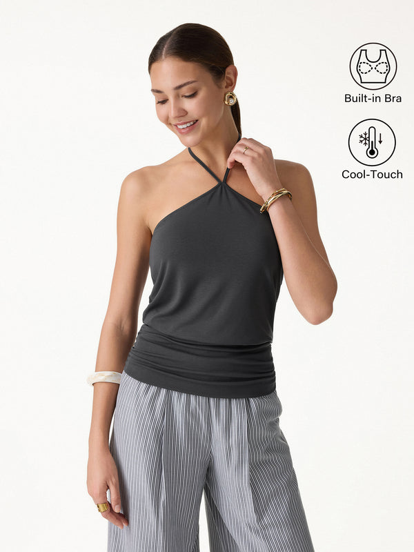 OGLmove CoolTouch Halter Ruched Hem Bra Top Blue Charcoal XS
