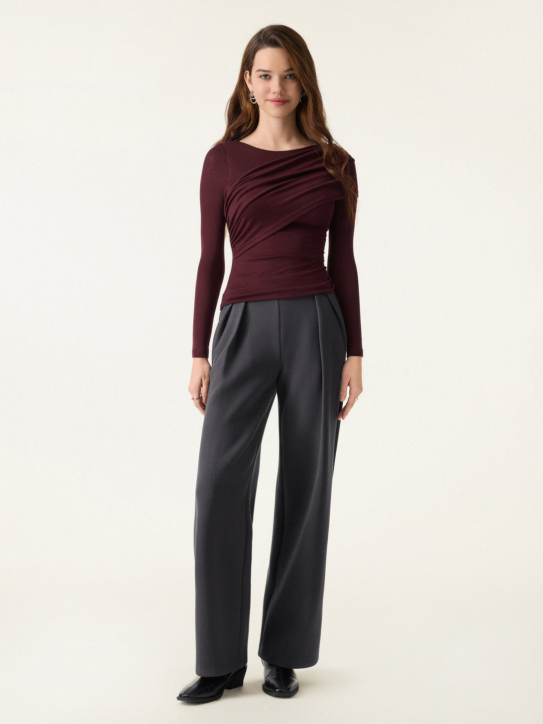 2Pcs Set Stand Collar Belted Coat & Mid Rise Straight Pull-on Pants with Pockets