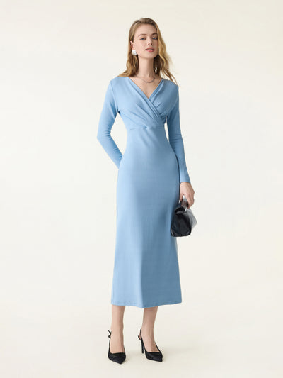 Cotton Lyocell Surplice Tucked H-line Midi Dress Dusk Blue XS