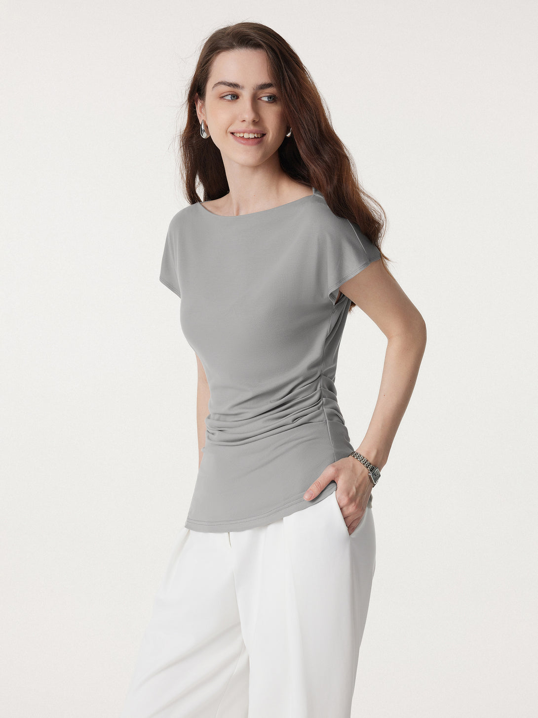 Boatneck Flutter Sleeve Side Tucked Long Tee Evening Grey XS