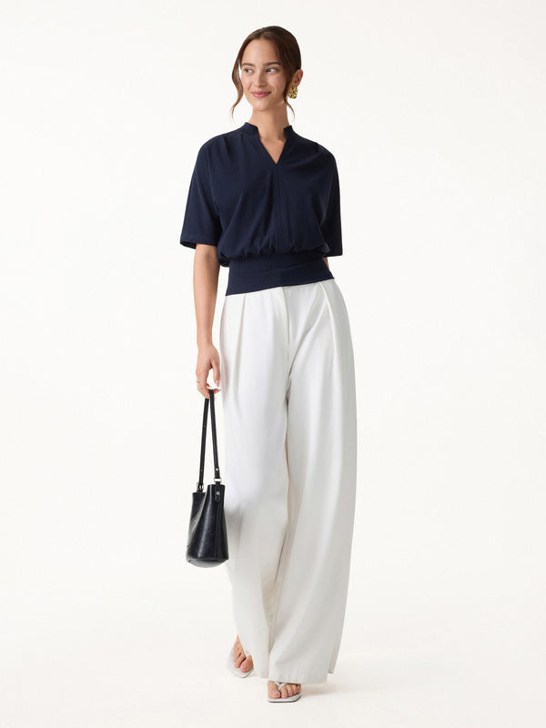 OGLmove 2Pcs Set Stand Collar V-Neck Top & Tailored Shorts with Pockets