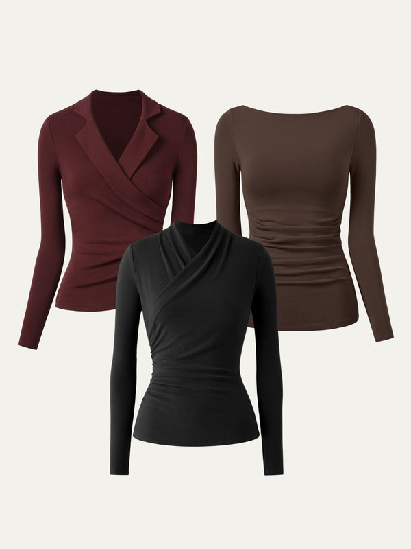 3Pcs Set Collared Surplice Top & Surplice Top & Boatneck Brami Top