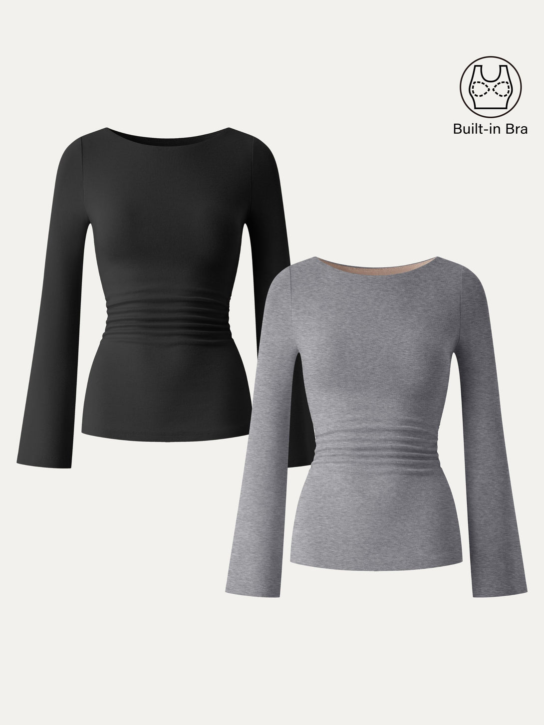 Boatneck Bell Sleeves Ruched Brami Top Black/Heather Grey XS