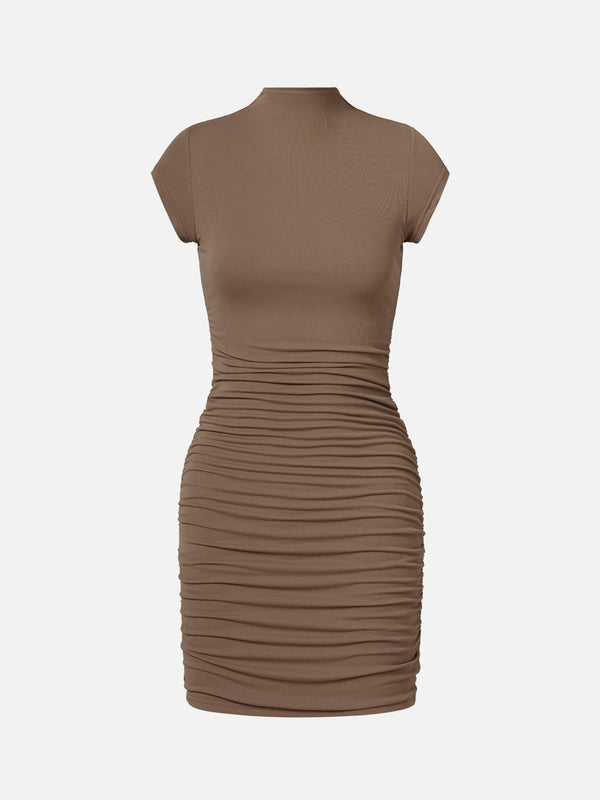 Eco-SkinKiss® Ruched Sides Mock Neck Short Sleeve Mini Dress