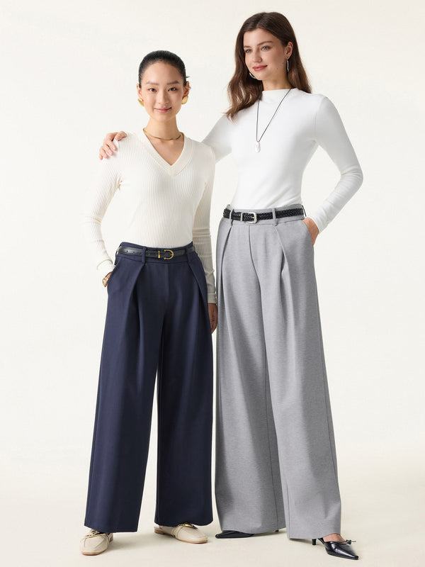 Wrinkle-Resistant Stretchy High Rise Wide Leg Pants with Pockets