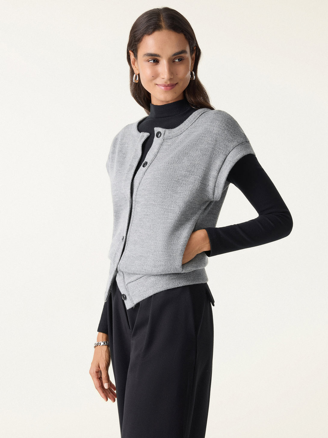 Cozy Crewneck Button Front Vest with Banded Hem