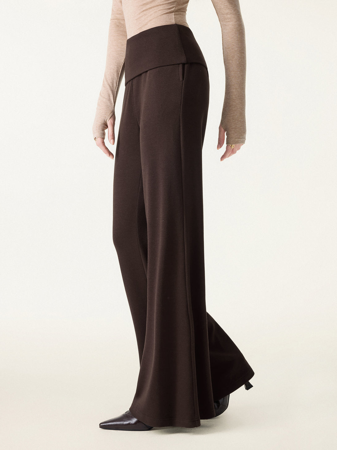 Tummy Warmer Folding Waistband Flared Pants with Pockets