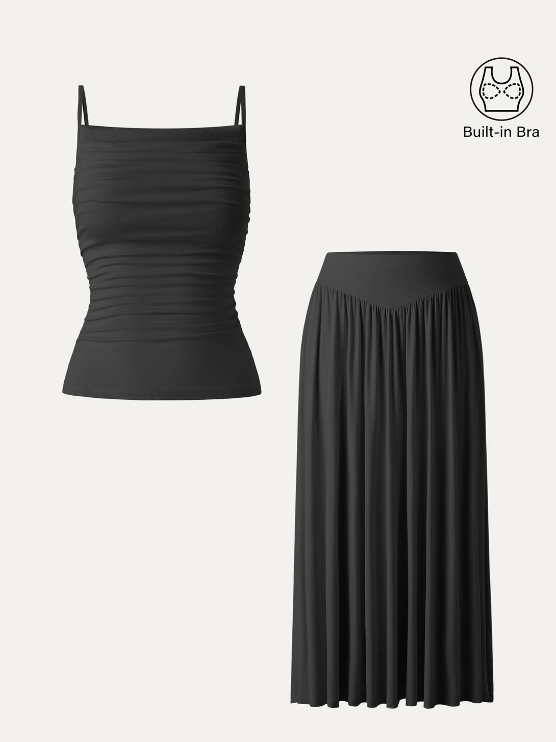 2Pcs Set Adjustable Spaghetti Straps Brami & V-shape Maxi Skirt with Pockets