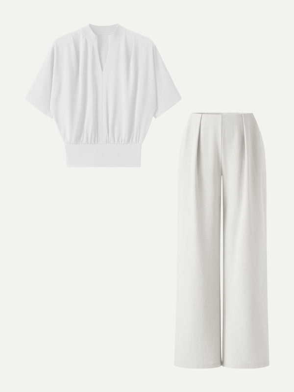 OGLmove 2Pcs Set Stand Collar V-Neck Top & Wide Flare Pant with Pockets