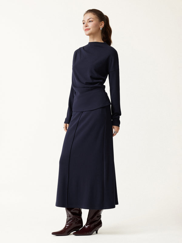 OGLmove 2Pcs Set Prowarm Mock Neck Long Sleeve Top & Mid-Rise A-Line Midi Skirt Smoky Navy XXS