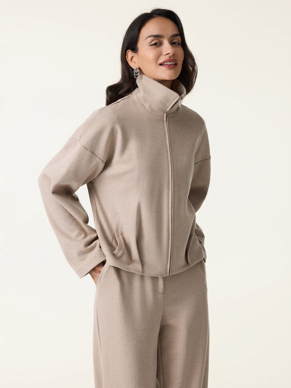 Herringbone Textured Full Zip Jacket Cereal XS