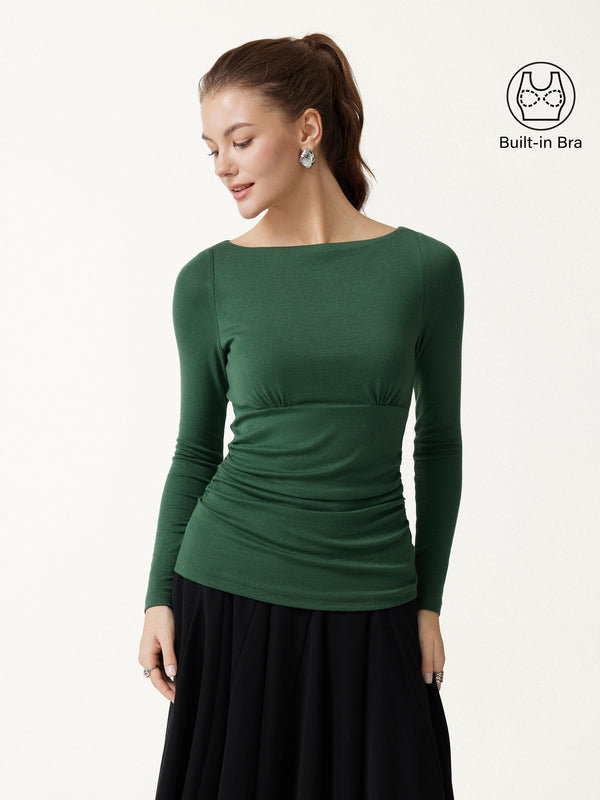 OGLmove LiteWarm Boatneck Long Sleeve Ruched Built-In Bra Top 2.0 Evergreen XXS