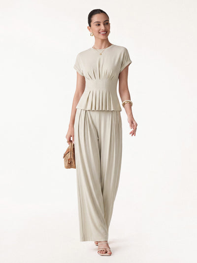 OGLmove 2Pcs Set Round Neck Short Sleeve Tee & Wide Leg Pants with Pockets Morning Mist XS