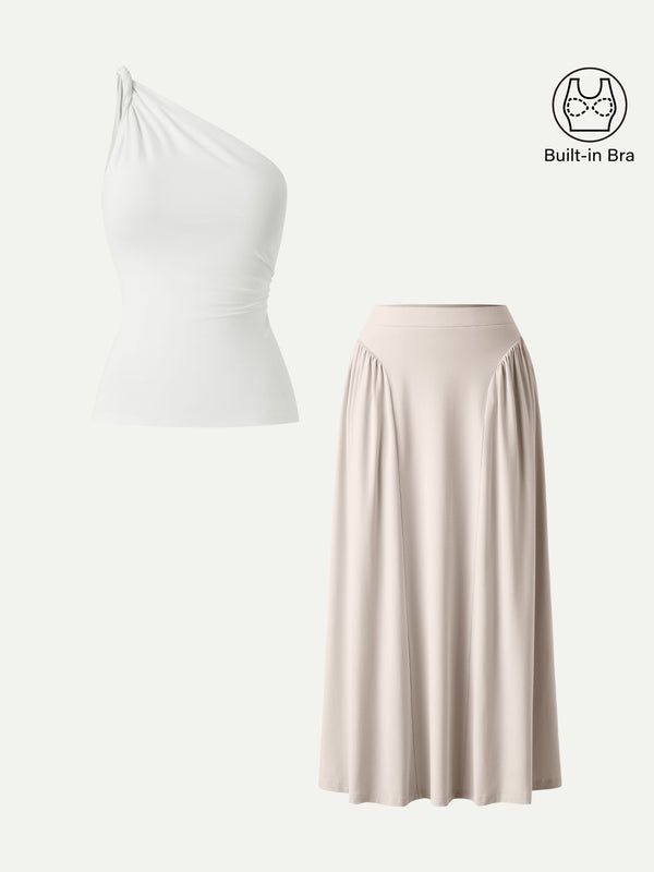 2Pcs Set One Shoulder Brami & Flared Midi Skirt with Pockets Pure White/Fog XS