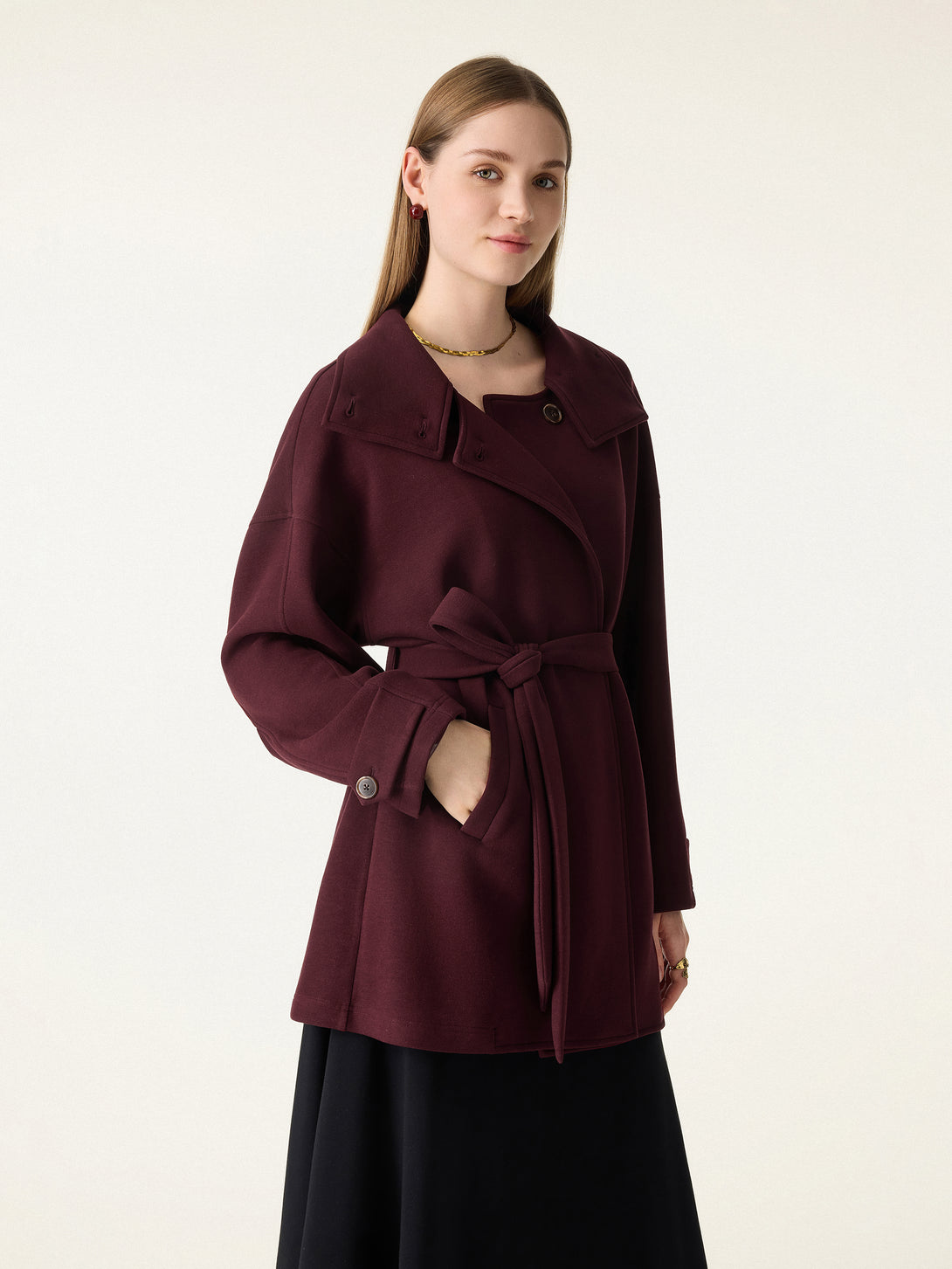 FuzzLuxe Classy Stand Collar Belted Coat