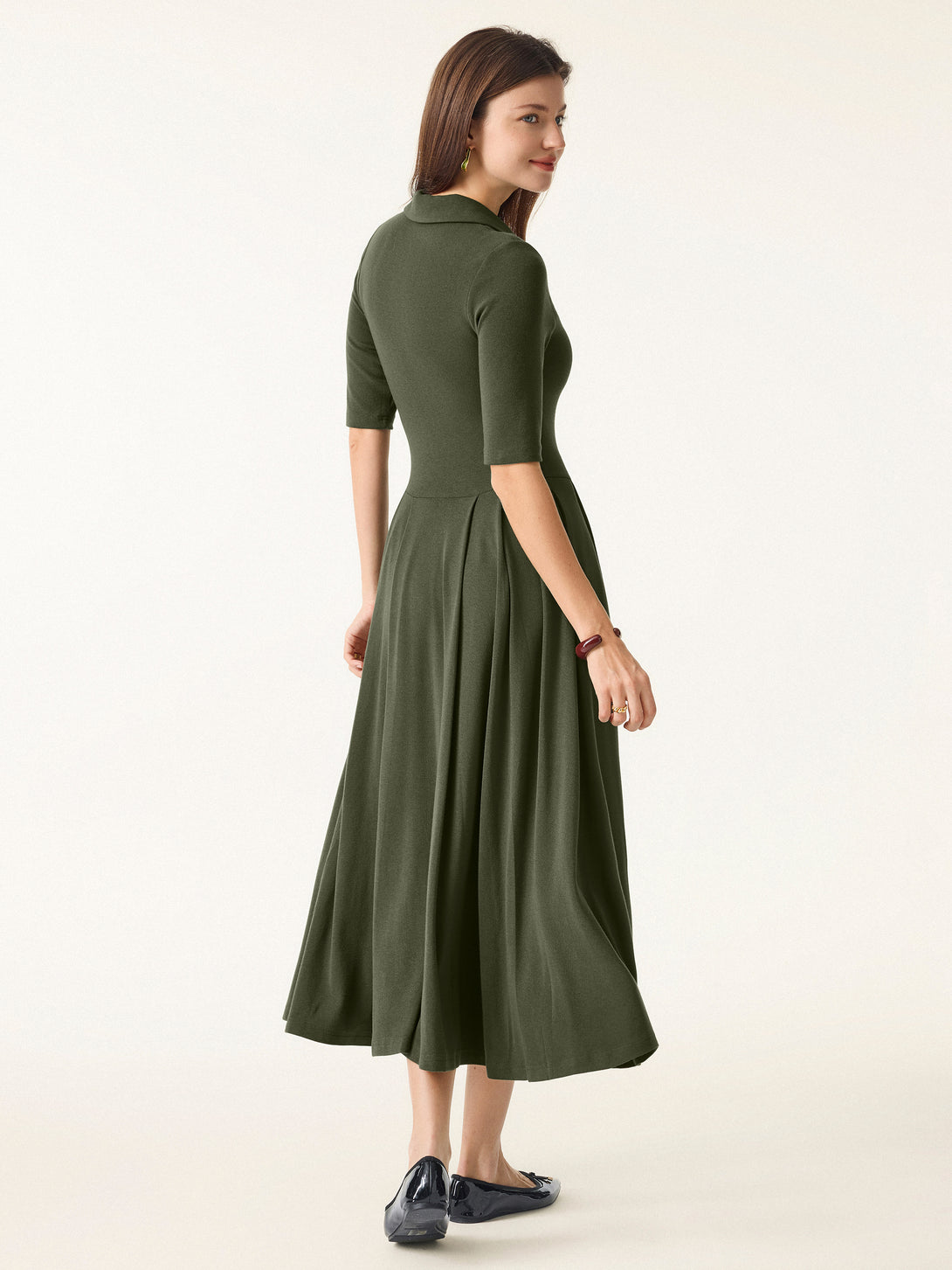 Polo Neck Elbow Length Sleeve Midi Brami Dress with Pockets