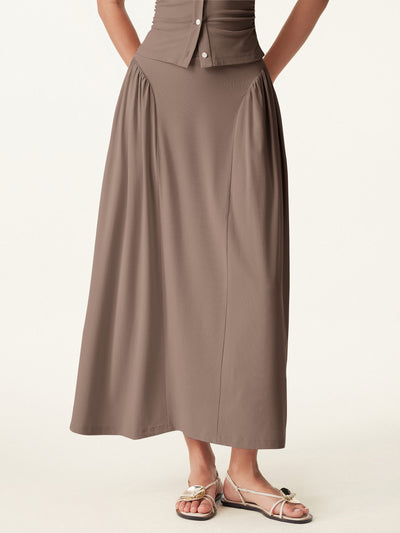 OGLmove Curved Gathering Flared Midi Skirt with Pockets Iced Mocha XS