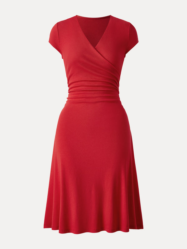 Stretch Cotton Surplice V-neck Cap Sleeve Midi Dress