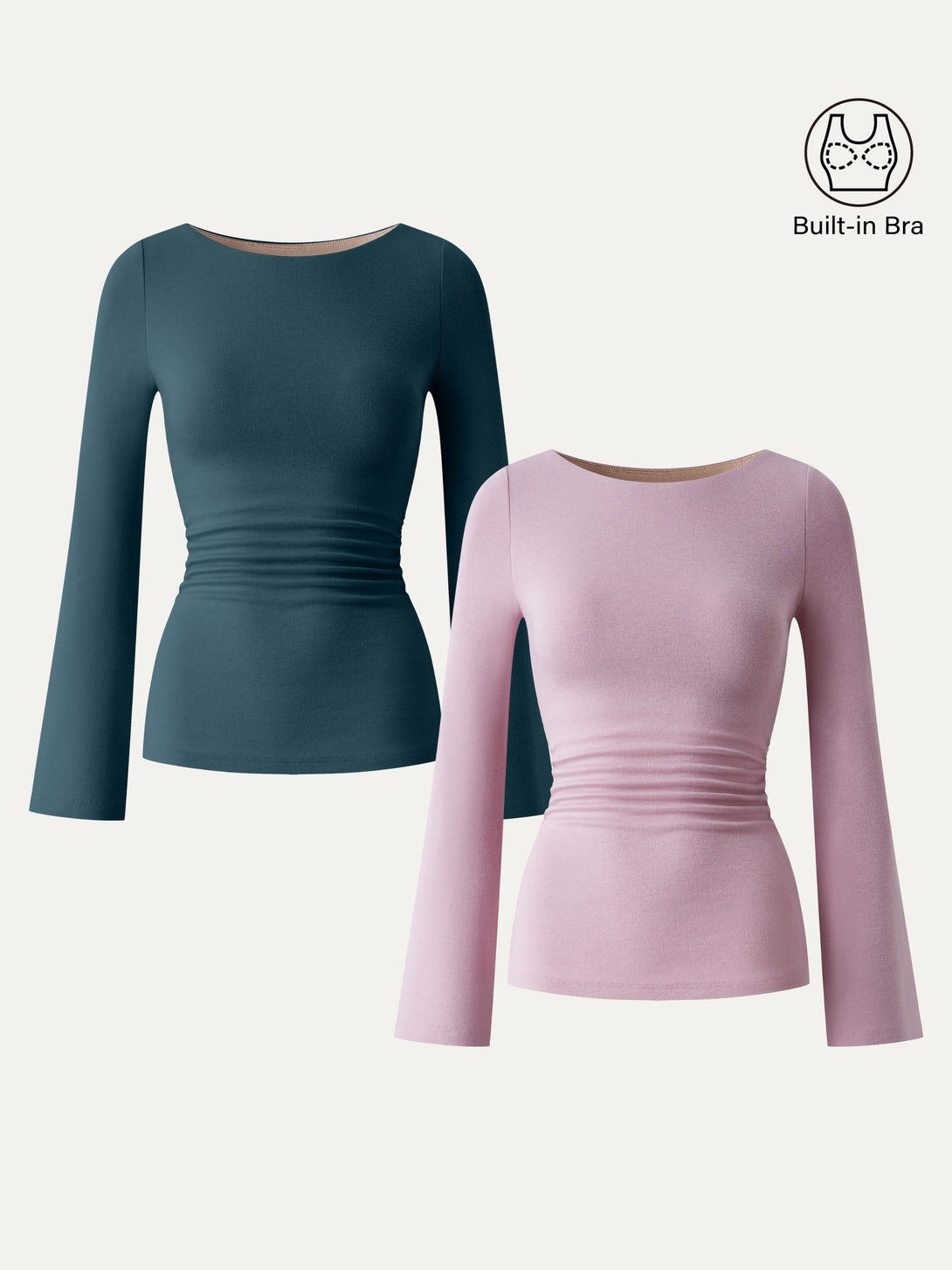 Boatneck Bell Sleeves Ruched Brami Top Opera Mauve/Forest Night XS