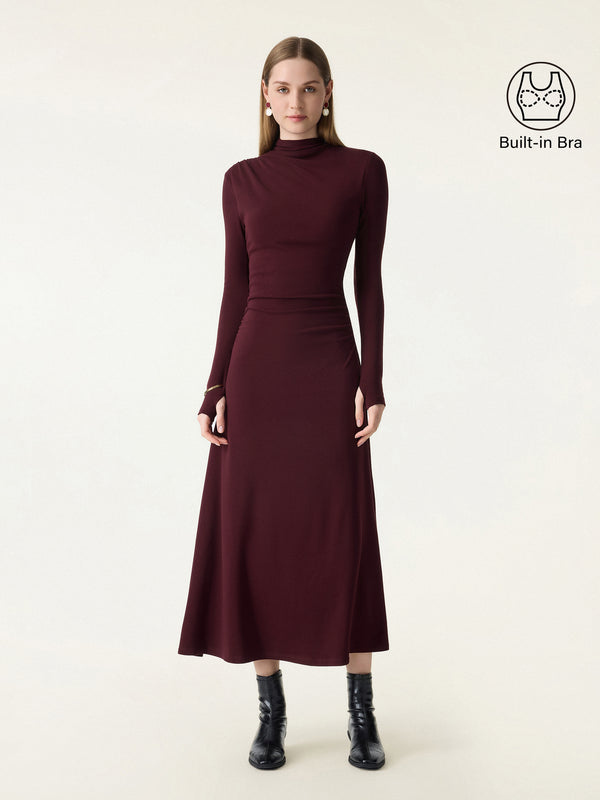 ProWarm Mockneck Ruched Midi Brami Dress with Thumbhole