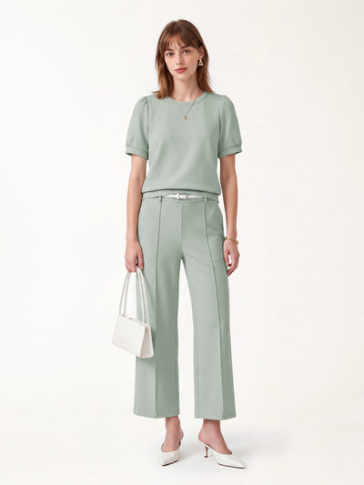 OGLmove 2Pcs Set Round Neck Puffed Short Sleeve Top & Cropped Straight-Leg Pants with Pockets Lily Green XXS