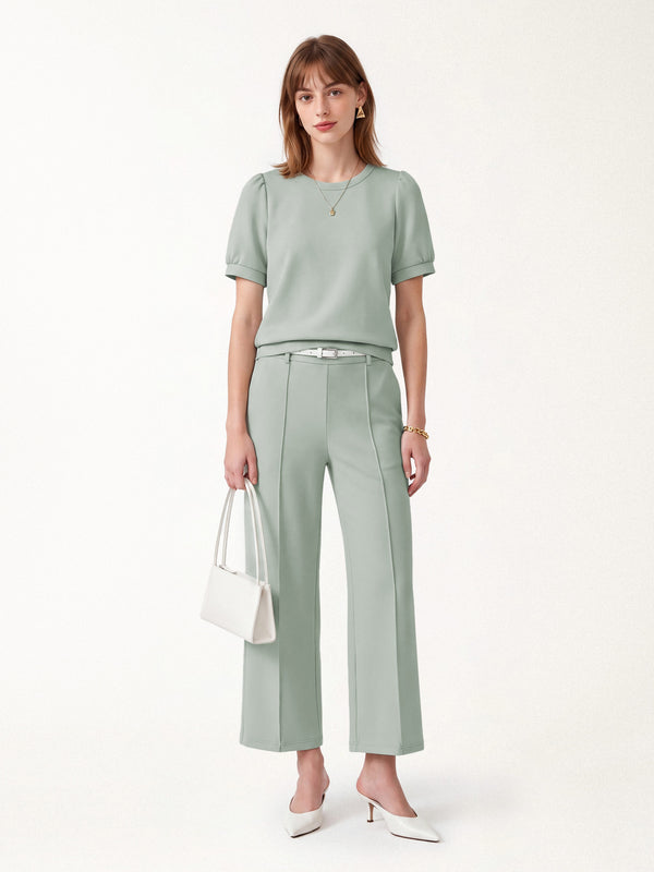 OGLmove 2Pcs Set Round Neck Puffed Short Sleeve Top & Cropped Straight-Leg Pants with Pockets Lily Green XXS