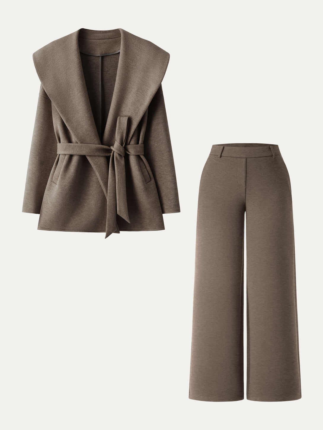2Pcs Set Petite Straight Pants with Pockets & Belted Shawl Collar Robe Jacket