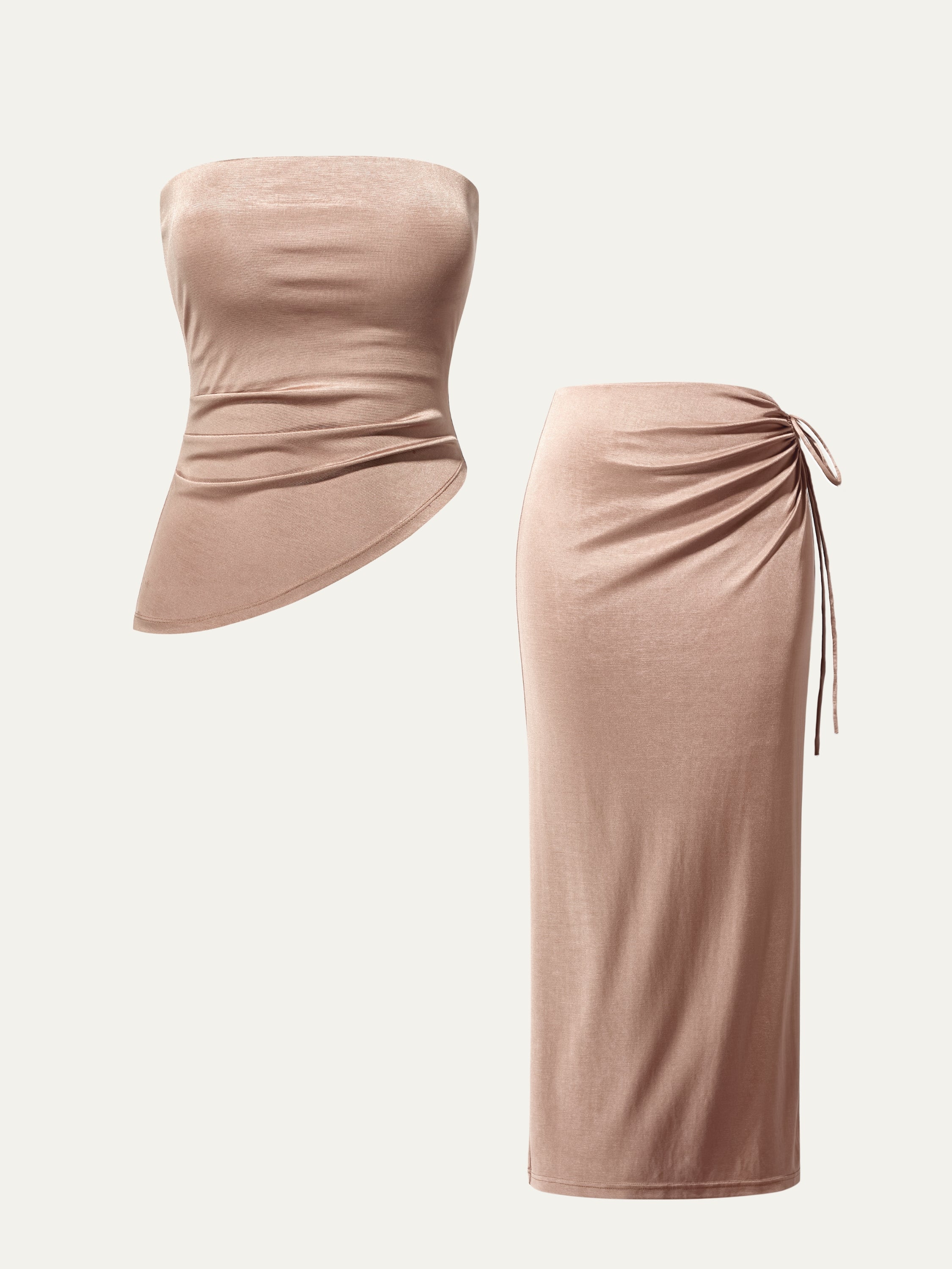 Silk-Like Acetate Tossa Brami Tube Top & Irisa Midi Skirt 2Pcs Set - Moss Olive