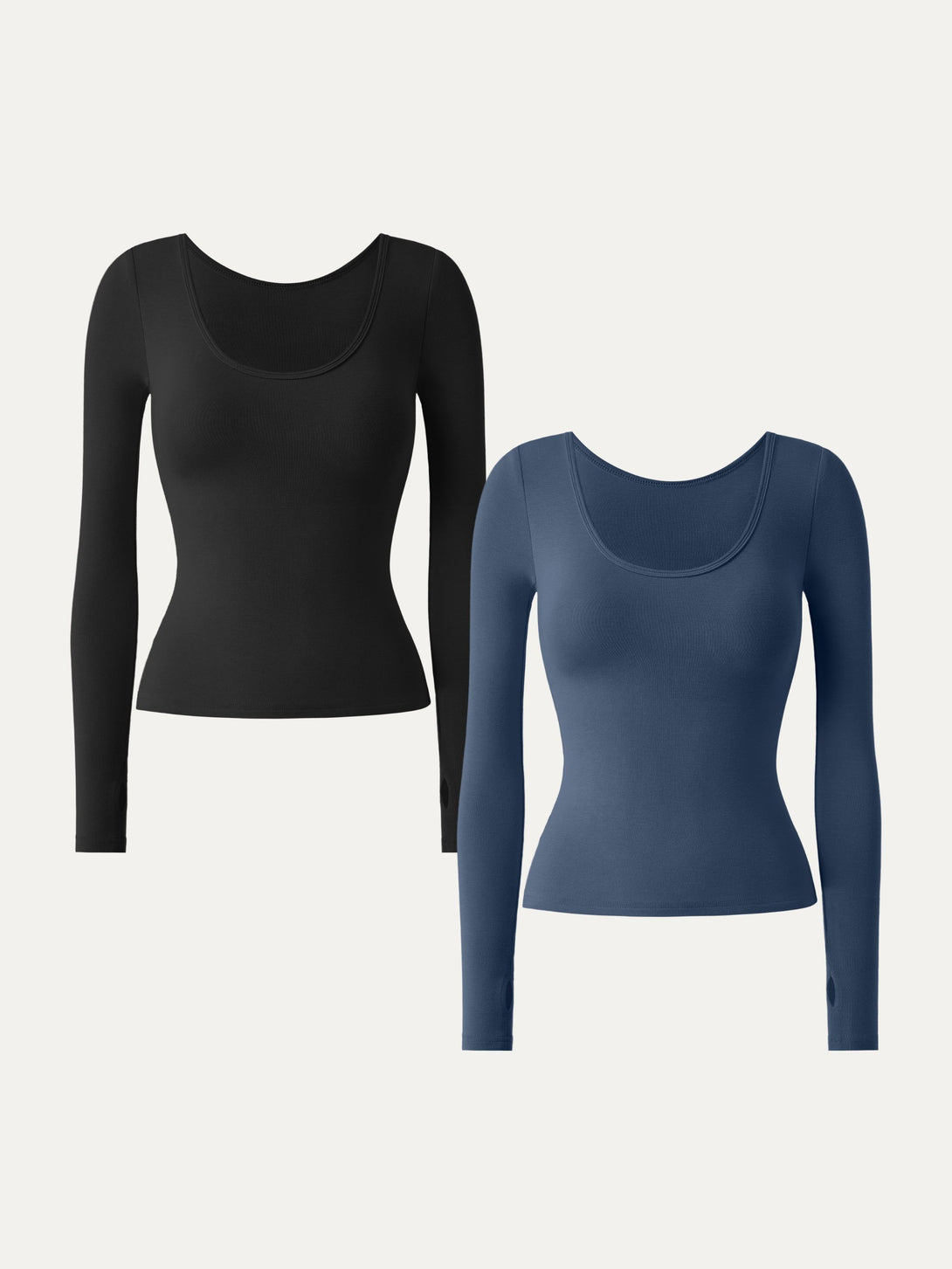 2Pcs Set Lyocell Cashmere Multi-Wear Long Sleeve Top with Thumbholes Black/Ink Blue XS