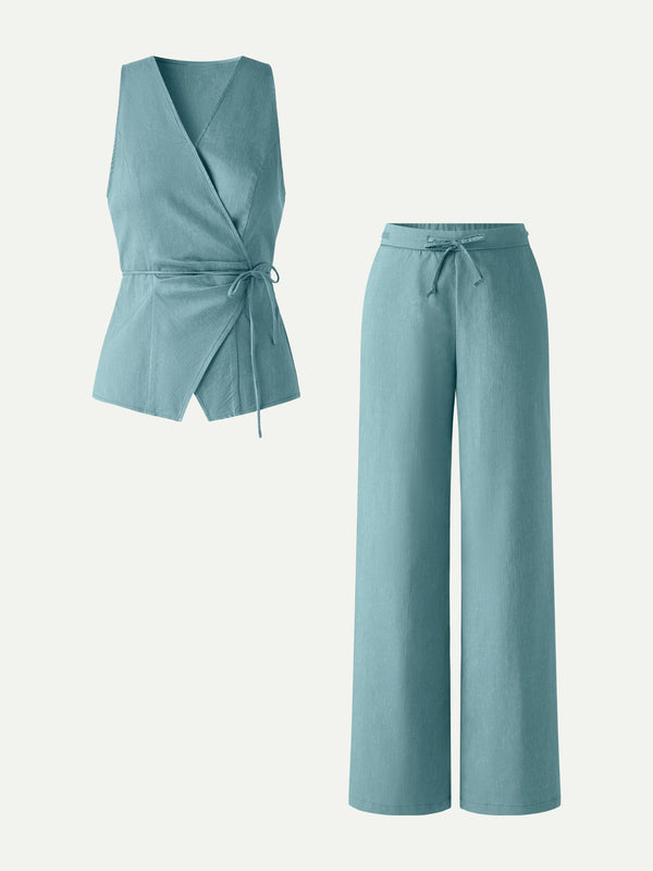 OGLmove 2Pcs Set Wrap Top with Self-Tie & Drawstring Wide Leg Pant with Pockets