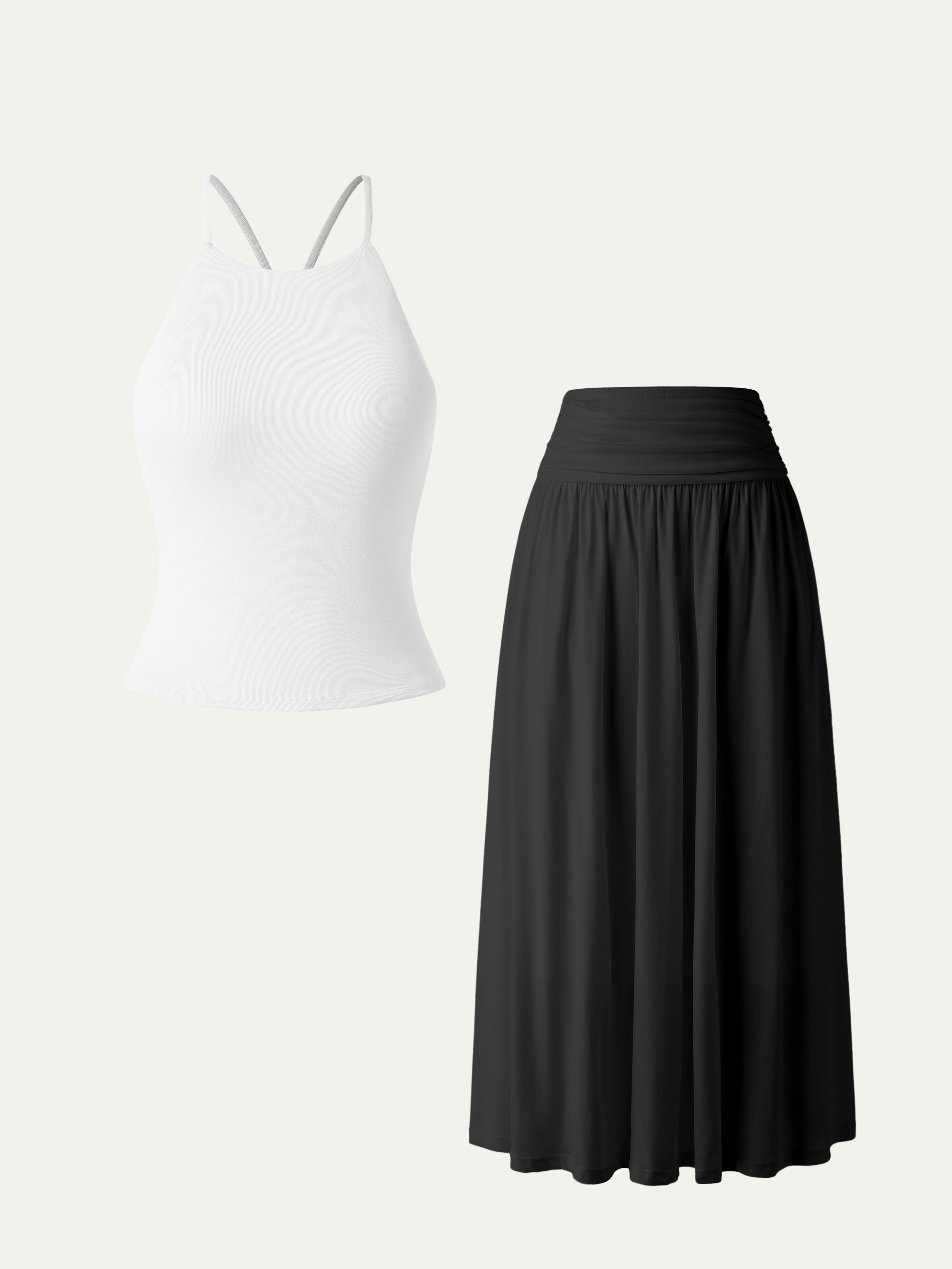 Tie-Back Brami & Airy Skirt of Rome 2Pcs Set - Black/White