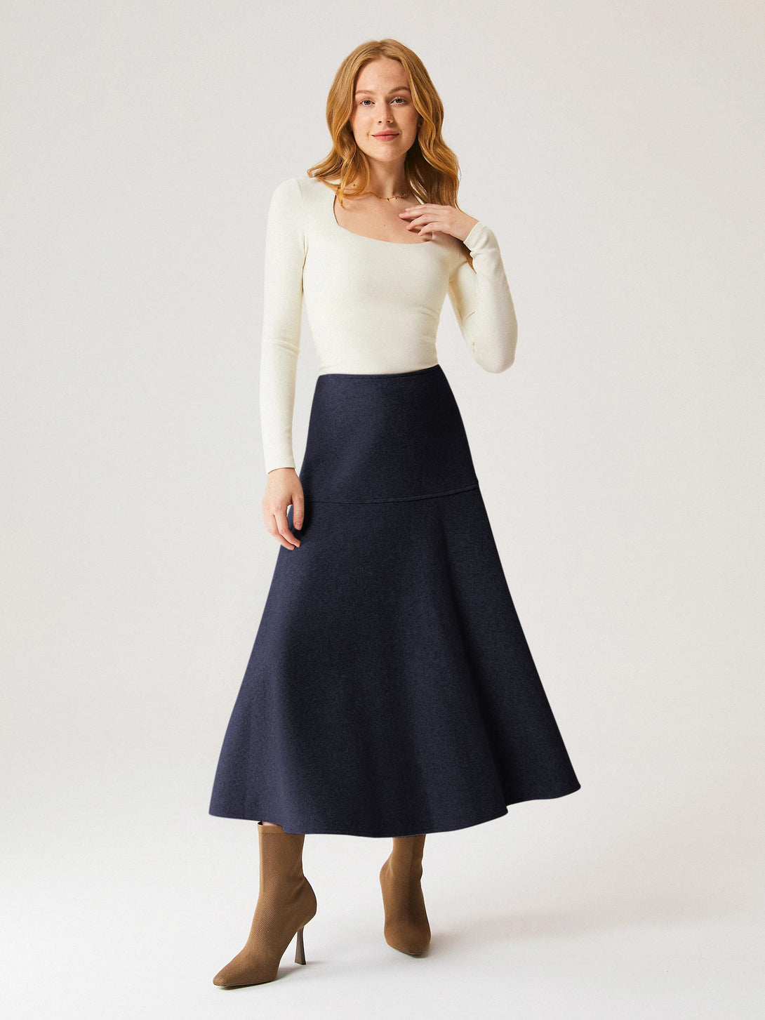 Wool-like Flared Maxi Skirt Regular Black Navy
