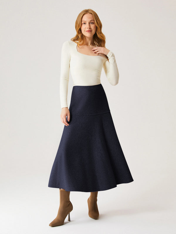 Wool-like Flared Maxi Skirt Regular Black Navy