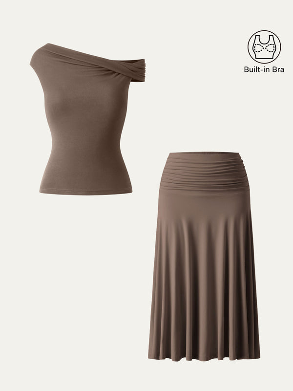 OGLmove 2Pcs Set Multi-wear Bra Top & Side Ruched A-line Midi Skirt