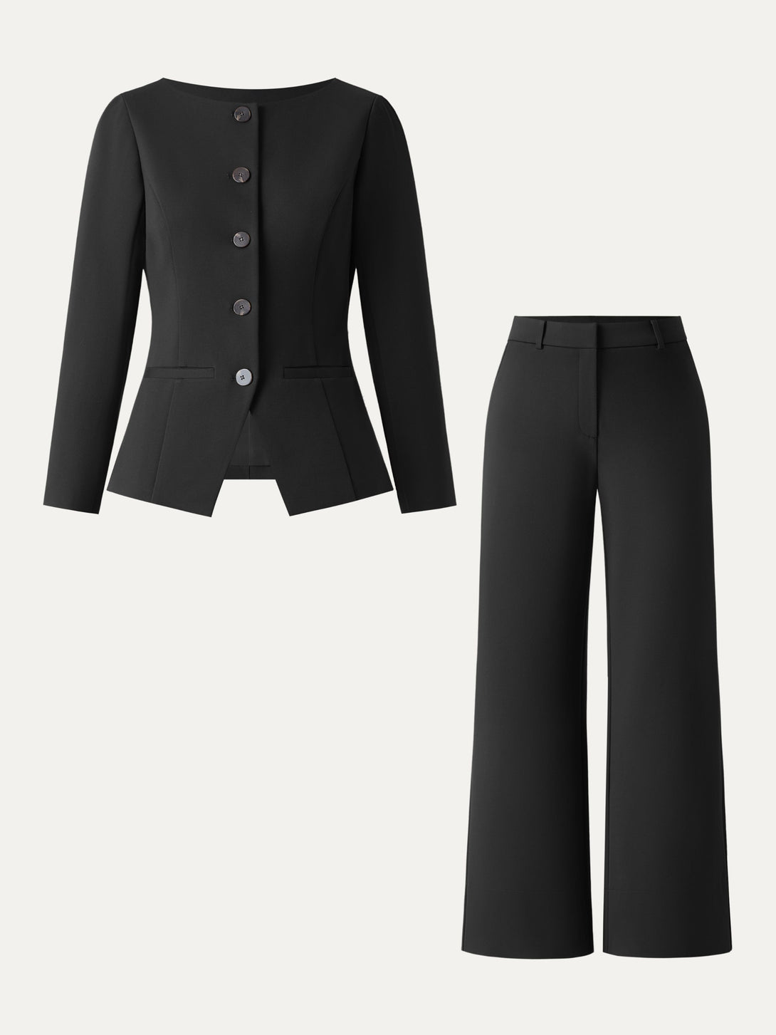 2Pcs Set Boatneck Blazer & High Rise Wide Leg Trousers with Zippered Pockets Black XS