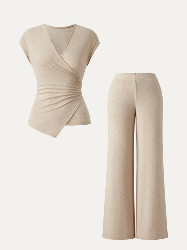 2Pcs Set Lyocell Wool Surplice Cap Sleeve Top & Mid Rise Wide Leg Pants with Pockets